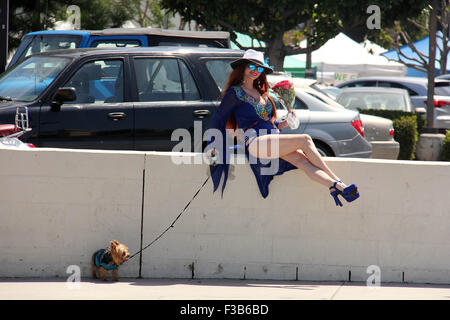 Phoebe price goes shopping presso un allevatore locale mercato in Studio City, indossando un abito passante che mostra una partita di carne in una giornata di vento con: Phoebe Prezzi Dove: Los Angeles, California, Stati Uniti quando: 02 Ago 2015 Foto Stock