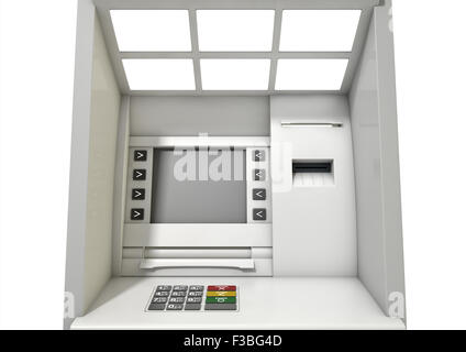 Una vista ingrandita di un generico facciata atm con una schermata vuota su un sfondo isolato Foto Stock