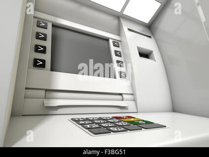 Una vista ingrandita di un generico facciata atm con una schermata vuota su un sfondo isolato Foto Stock