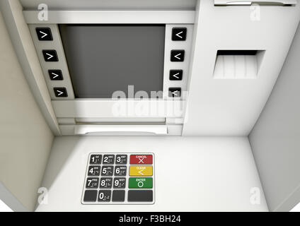 Una vista ingrandita di un generico facciata atm con una schermata vuota su un sfondo isolato Foto Stock