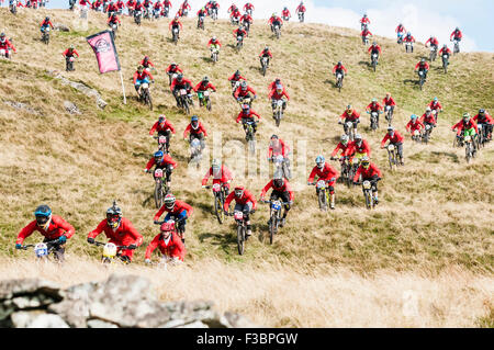 Rostrevor, Irlanda del Nord. 04 ott 2015 - concorrenti in streaming su per la collina all'inizio della Red Bull Foxhunt mountain bike downhill challenge Credito: Stephen Barnes/Alamy Live News Foto Stock