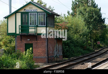 Peterborough Inghilterra 3 Ottobre 2015: Una volta che il sito di Londra e il nord occidentale della ferrovia locomotiva Woodston funziona sulla piattaforma 2 una selezione di carri che fanno parte del set di merci che corrono su eventi speciali.giorni. Un team dedicato voluteer, ripristinare e spostare gli edifici, il Welland ponte fu trasferito da Spalding una vista dominante sulla stazione il telaio interno originariamente dalla giunzione Grassmore Marzo, segnale di avviamento proviene dal francese ha guidato la contea del Lincolnshire. Credito: Clifford Norton/Alamy Live News Foto Stock