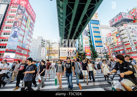 Strada trafficata in Akihabara conosciuta come città elettrica o geek comune di vendita basato su Manga giochi e video a Tokyo Giappone Foto Stock