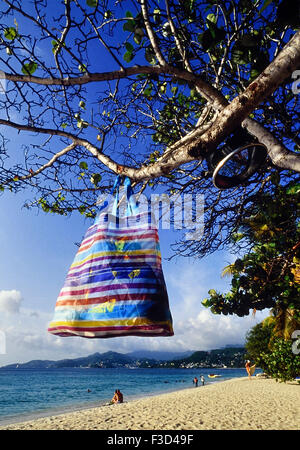 Una colorata borsa da spiaggia appesa su un albero sulla spiaggia della baia di Grand Anse. Grenada. Caraibi Foto Stock