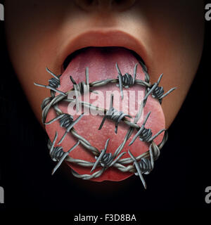 La libertà di parola il concetto di crisi e la censura in espressione di idee simbolo come una lingua umana avvolto nel vecchio filo spinato come Foto Stock