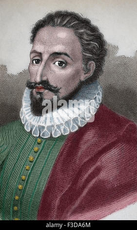 Miguel de Cervantes (1547-1616). Lo scrittore spagnolo. Incisione. Xix secolo. Colore. Foto Stock