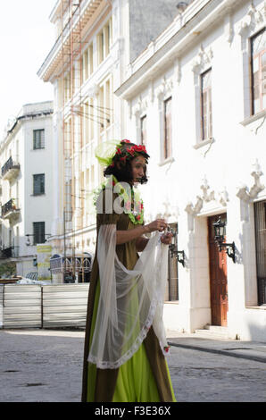 Costume street esecutore con il viso trucco e abito verde, in piedi su palafitte nella vecchia città dell Avana sull isola di Cuba Foto Stock