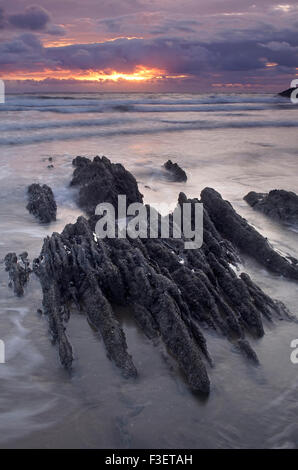 Un bellissimo settembre tramonto visto dal North Devon cittadina balneare, Woolacombe, England, Regno Unito Foto Stock