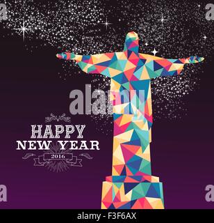 Felice anno nuovo 2016 biglietto di auguri o un poster con design colorato triangolo Rio Brasile statua e etichetta vintage illustrazione. Illustrazione Vettoriale