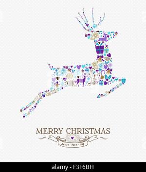Buon natale renne salto forma con vintage stile retrò elementi dello sfondo. Ideale per vacanza biglietto di auguri o di inviti Illustrazione Vettoriale