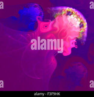 Spray astratta che assomiglia a un gregge di meduse rosso nell'oceano. Arte frattale graphics Foto Stock