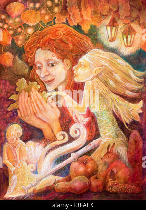 Bellissimo il disegno di fantasia di un autunno donna con capelli rossi voce un messaggio da una foglia in una società di fairy essendo, dettagliata co Foto Stock