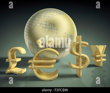 Globo mondo, valute dollar, sterlina, euro e yen Foto Stock