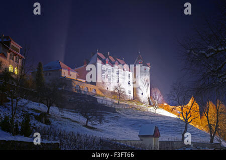 Castello di Gruyeres di notte. Situato nella città medievale di Gruyeres, Friburgo, è uno dei più famosi castelli della Svizzera. L'edificio è un patrimonio svizzero sito di importanza nazionale Foto Stock