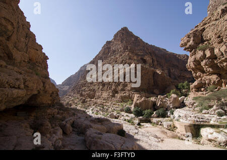 Wadi Fusc, una formazione naturale di rocce e crystal clear pool che lo rendono un popolare escursione di un giorno o di destinazione di vacanza. Foto Stock