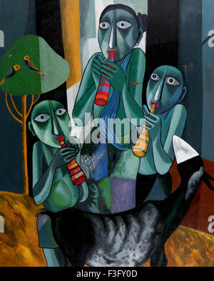 Untitled dal pittore Gopal Sanyal pittura acrilico su tela 36' x 45' arte contemporanea del Bengala ; India Foto Stock