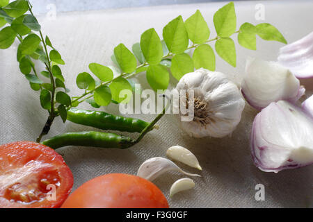 cipolla d'aglio, peperoncino verde, pomodoro rosso, foglia di curry Foto Stock