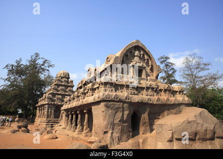 Pancha Rathas Bhima Ratha Dharmaraja Ratha re Mamalla Narasimhavarman monolito rock carving templi Mahabalipuram Tamil Nadu Foto Stock