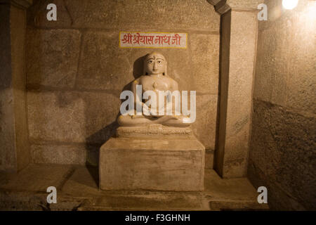 Statua in marmo Teerathnkar Shri Nathji Shreysh meditazione dhyan padmasan Adinath tempio Jain Village Dilwara Udaipur Foto Stock