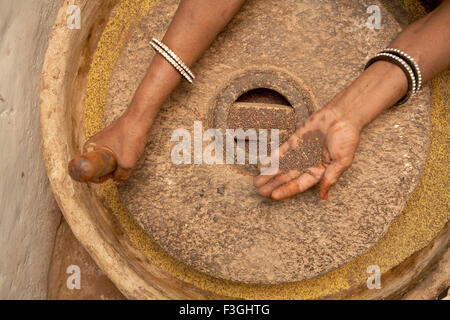 Una donna usando pietra mola per dividere seme di senape prima di mettere in pressione olio di frantoio; Rajasthan ; India Foto Stock