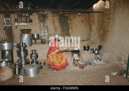 Cucina donna, cucina rurale, cucina legna da ardere, India, Asia Foto Stock
