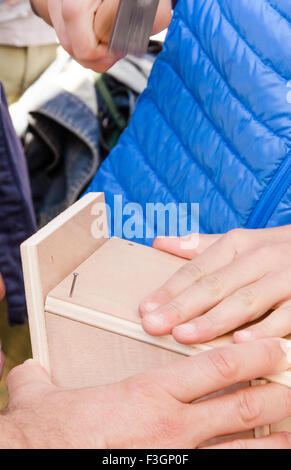 Una mano che tiene un martello con un chiodo Foto Stock
