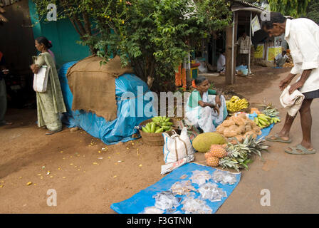 Signora hawker vendendo i suoi frutti nel bazar settimanale di villaggio kudal ; district Sindhudurga ; Maharashtra ; India Foto Stock