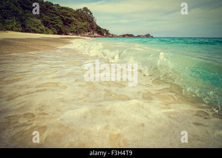 Vintage tono verde stile aggiungere texture effetto paesaggio bellissimo cielo sopra il mare e le onde sulla spiaggia in estate a Koh Miang Foto Stock