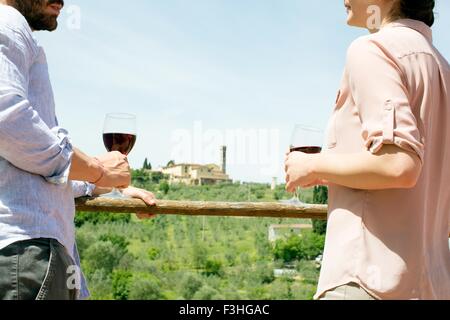 Vista ritagliata della coppia giovane faccia a faccia tenendo bicchieri di vino Foto Stock