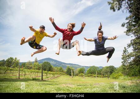 Tre adulti jumping in ambiente rurale, metà aria, ridendo Foto Stock