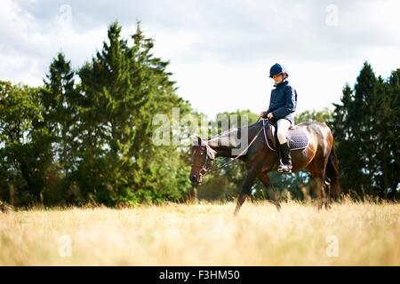 Ragazza a cavallo nel campo Foto Stock