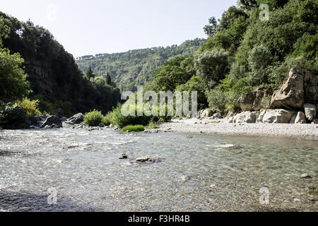 Il letto del fiume della gola dell'Alcantara in Sicilia, Italia. Foto Stock