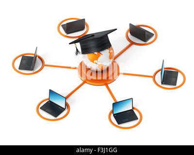 E-learning network. Computer portatile collegato al mondo con un cappuccio di graduazione al punto centrale. Foto Stock