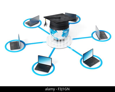 E-learning network. Computer portatile collegato al mondo con un cappuccio di graduazione al punto centrale. Foto Stock