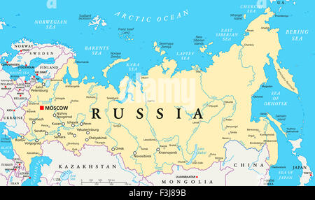 Russia mappa politico con capitale Mosca, i confini nazionali, importanti città, fiumi e laghi. Etichetta inglese e la scala. Foto Stock