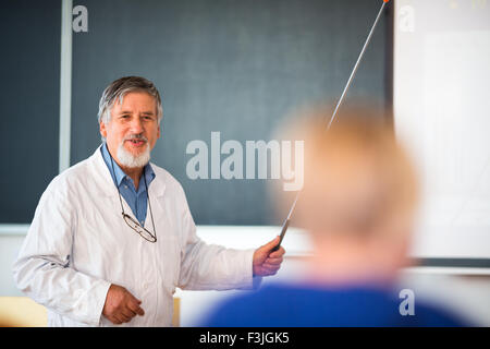 Senior professore di chimica dando una lezione nella parte anteriore dell'aula piena di studenti (SHALLOW DOF; dai toni di colore immagine) Foto Stock
