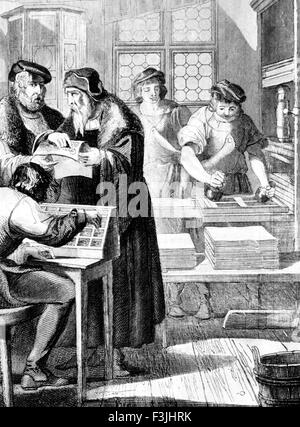 JOHANNES Gutenberg (c) 1398-1468 inventore tedesco di tipo mobile mostrato con la sua macchina da stampa in un edificio del XIX secolo engarving Foto Stock