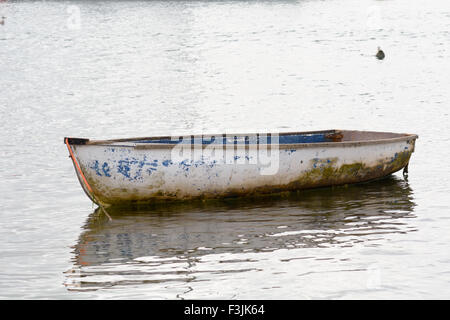 Piccola vecchia barca bianca galleggiante nel porto in Teignmouth, Devon, Inghilterra Foto Stock