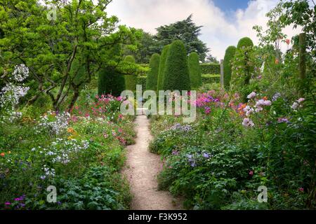 Piuttosto aiuole di fiori e agganciata Yew alberi, Inghilterra. Foto Stock