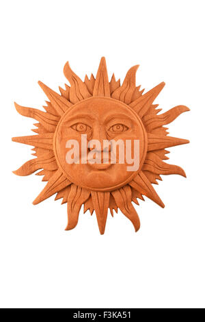 Tradizionale messicano cultura maya scolpito in legno simbolo del sole piastra isolata su bianco Foto Stock