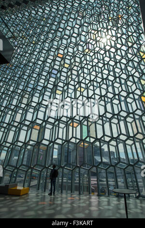 Persona al di sotto di una geodetica parete di vetro in Harpa Concert Hall, Reykjavik, Islanda. Foto Stock