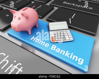 3D renderer immagine. Salvadanaio con la calcolatrice sulla tastiera del computer. Banca Internet concetto. Foto Stock