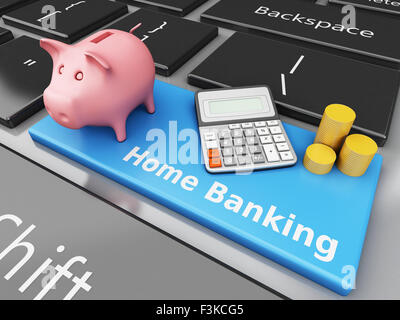 3D renderer immagine. Salvadanaio con la calcolatrice sulla tastiera del computer. Banca Internet concetto. Foto Stock