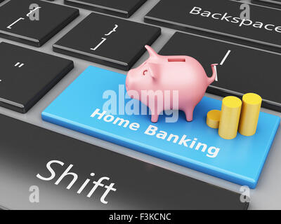 3D renderer immagine. Salvadanaio con monete sulla tastiera del computer. Banca Internet concetto. Foto Stock