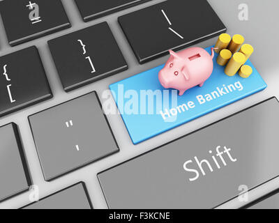 3D renderer immagine. Salvadanaio con monete sulla tastiera del computer. Banca Internet concetto. Foto Stock