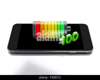 3D renderer immagine. Smartphone e il livello di carica della batteria. Telefono cellulare il concetto di carica. Isolato sfondo bianco Foto Stock