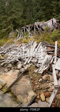 Edificio crollato a un telecomando abbandonato cannery città sulla Princess Royal Island in British Columbia. Foto Stock