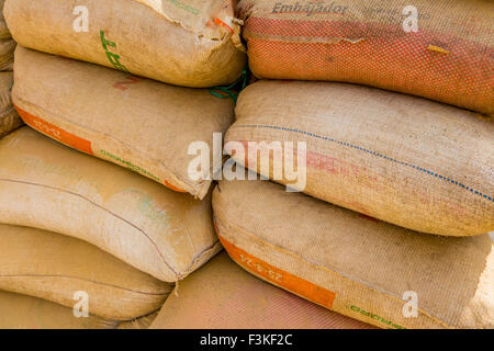 Pila di sacchi di caffè colombiano, Manizales (Colombia) Foto Stock