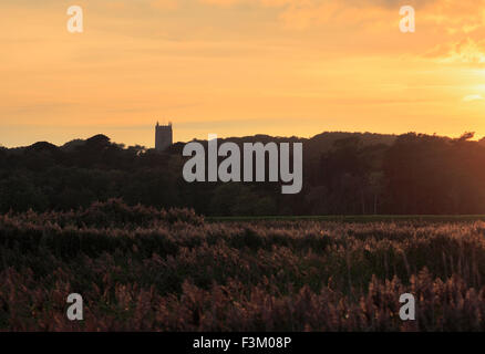 La chiesa a Blakeney visto da Cley Windmill a Cley accanto al mare sulla Costa North Norfolk. Foto Stock