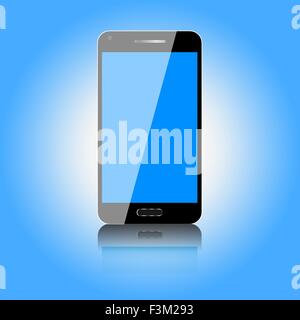 Nero cellulare con brillante schermo blu su un lucido sfondo blu Illustrazione Vettoriale